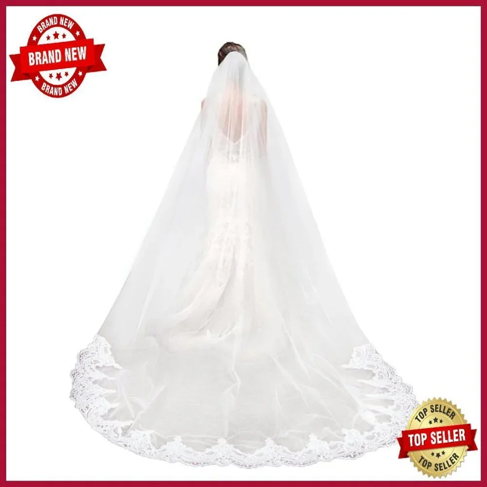 Long Chapel Lace Bridal Veil with Comb, Soft Tulle Material